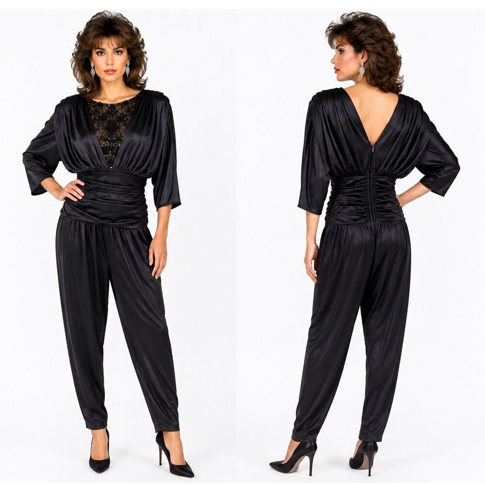 Vintage 1980s Abby Kent Black Beaded Sequin Ruched Jumpsuit Made USA Small